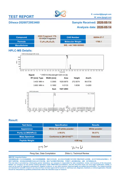 HGH Fragment 176-191 independent HPLC and MS report FRAG5-20260814S6492 first-page preview