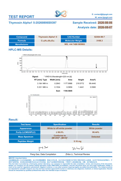 Thymosin Alpha-1 independent HPLC and MS report TA5-20260806S9397 first-page preview