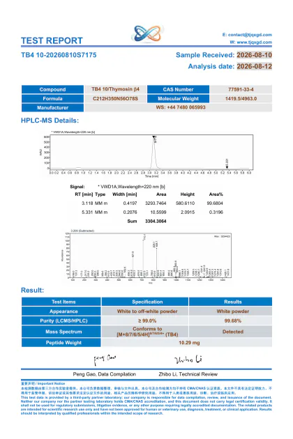 TB-500 / Thymosin beta-4 analytical report TB10-20260810S7175 first-page preview