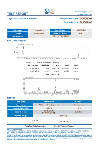 Thymalin independent HPLC and MS report TY10-20260806S9397 first-page preview