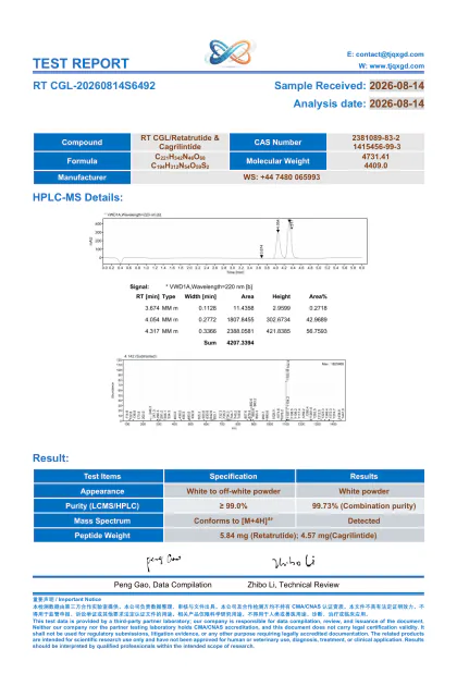 Retatrutide + Cagrilintide independent HPLC and MS report RTCG10-20260814S6492 first-page preview