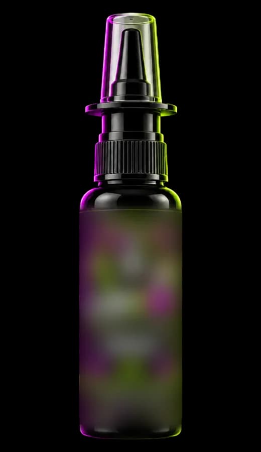 Slim black 10 mL bottle fitted with a metered spray pump under a clear cap